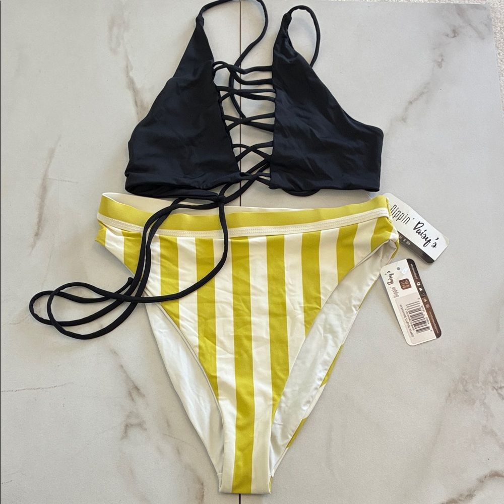 Nwt Dippin’ Daisy’s Black and Yellow Striped High Waisted Bikini Set